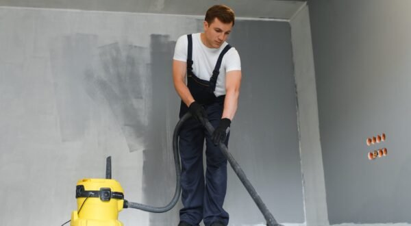 male worker in overall vacuum cleaning during apartment renovation.