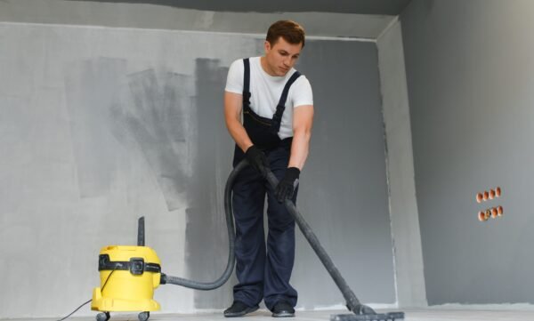 male worker in overall vacuum cleaning during apartment renovation.