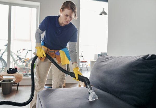 Professional cleaning service worker vacuuming the sofa with vacuum cleaner in the living room