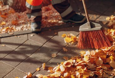 Janitor cleaner sweeping autumn leaves on the street